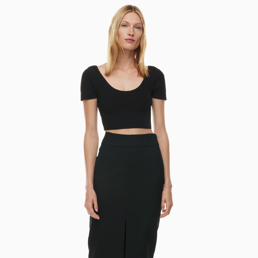 Babaton Sculpt Knit Scoopneck Cropped T-Shirt Black Ribbed Short Sleeve Small